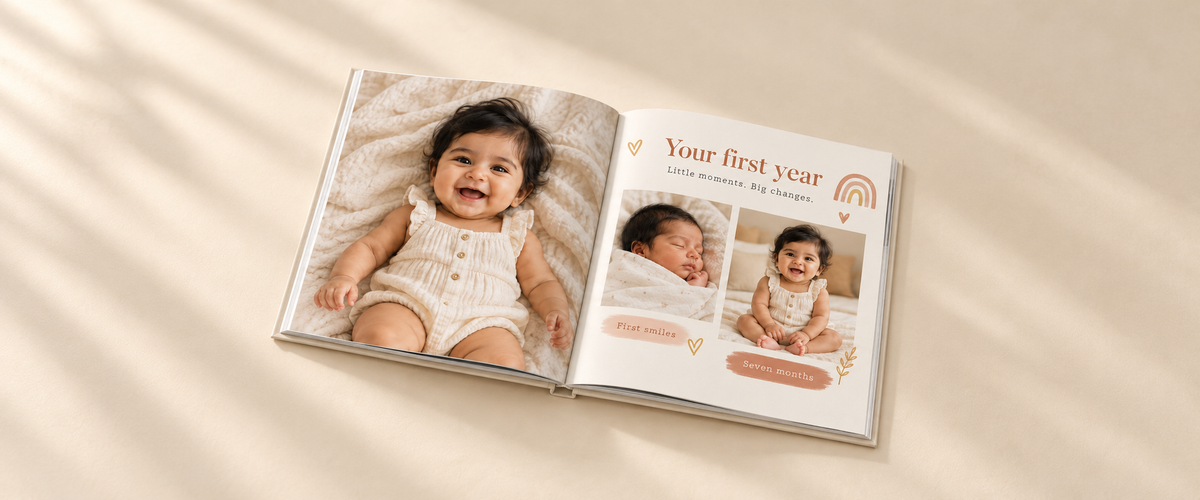 Illustrative first-year baby photobook with baby portraits and milestone pages
