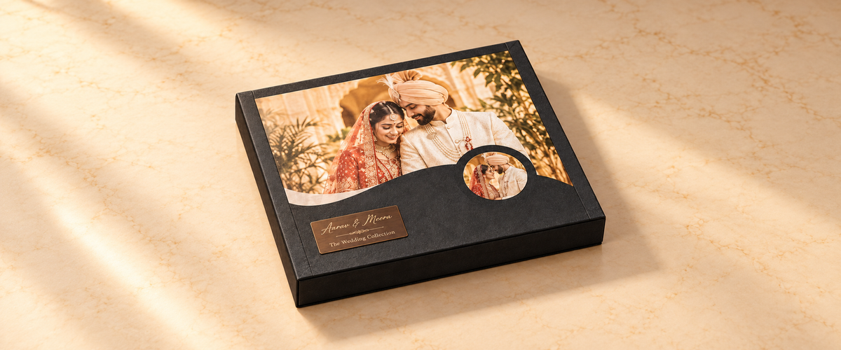 Illustrative charcoal album presentation box with personalised photo artwork