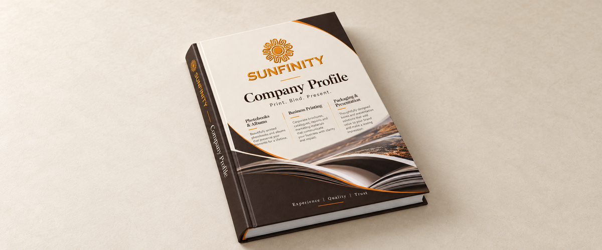 Illustrative hardbound Sunfinity company profile book with visible spine