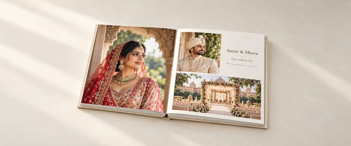 Illustrative layflat wedding album with designed wedding photo spreads