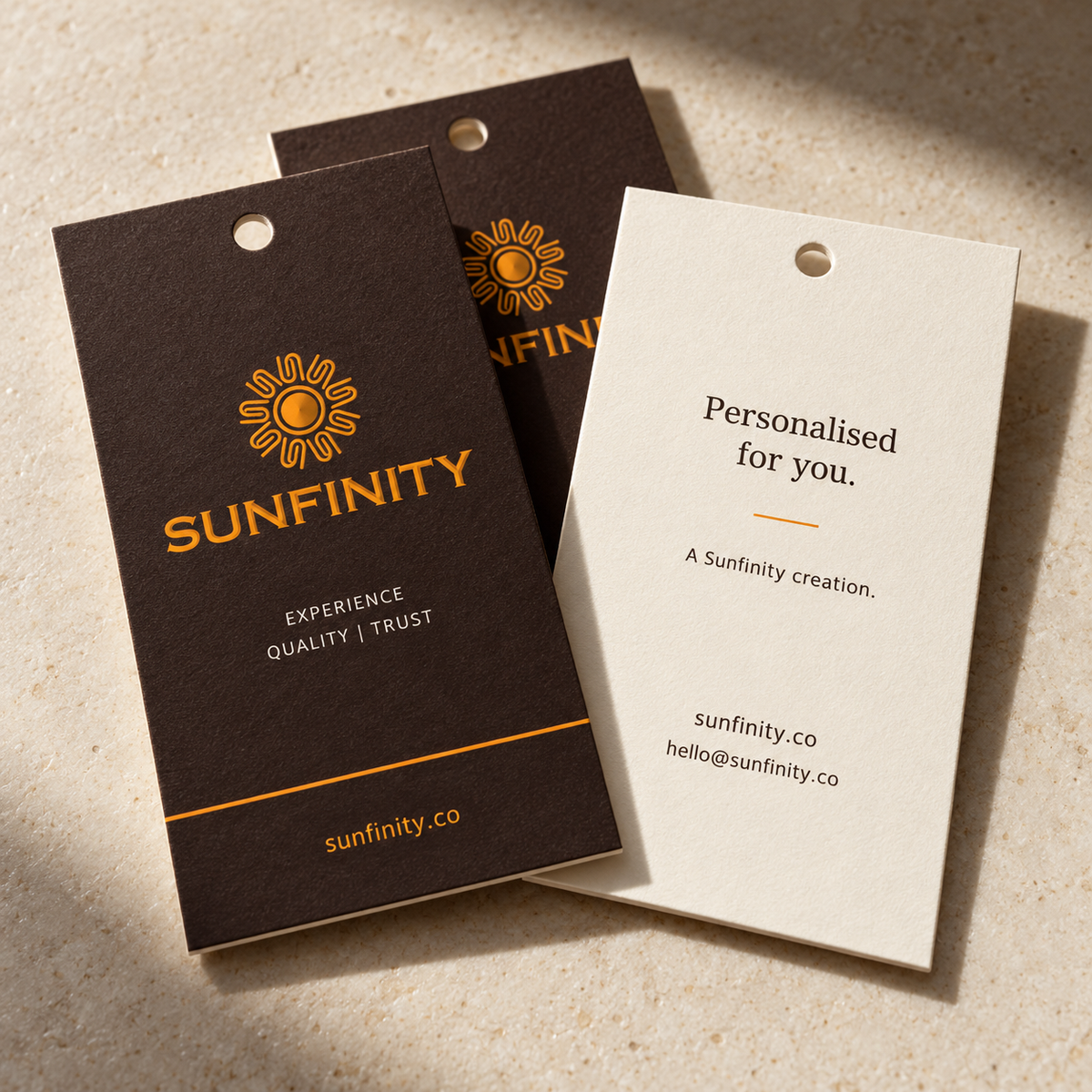 Illustrative Sunfinity branded product tags and presentation details