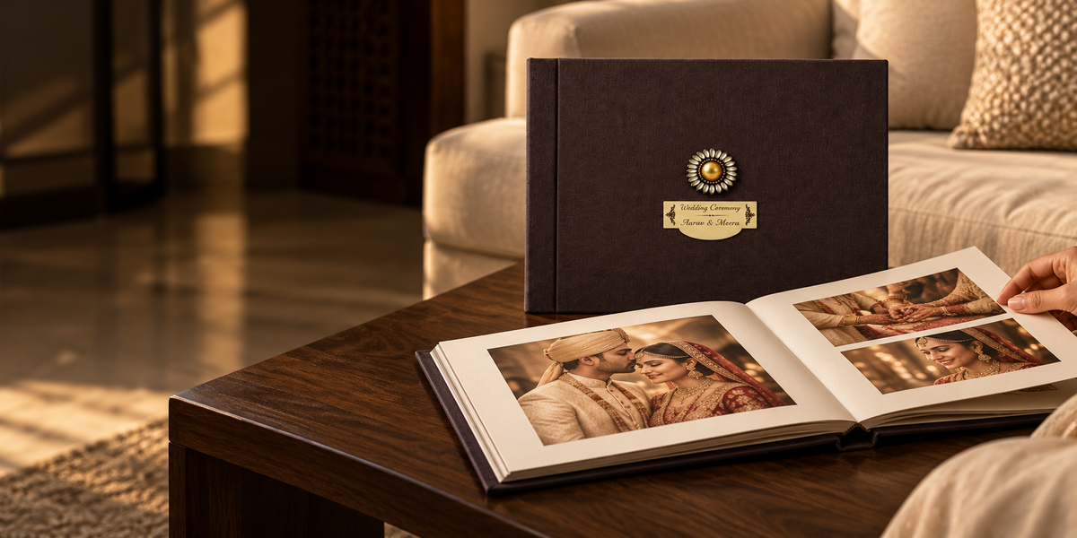 Illustrative wedding albums on a coffee table at home
