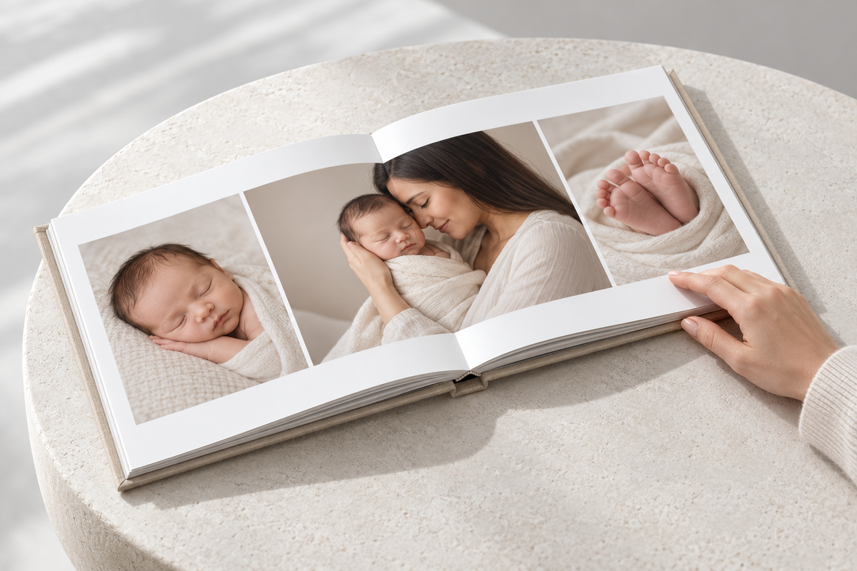 Illustrative baby and family photographs in an open album