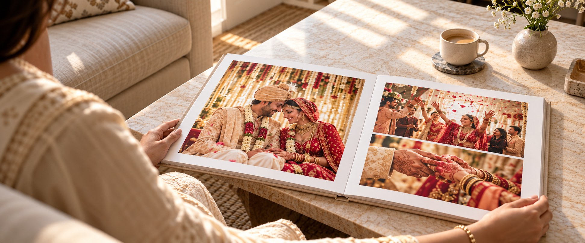 Illustrative flat open wedding album at home